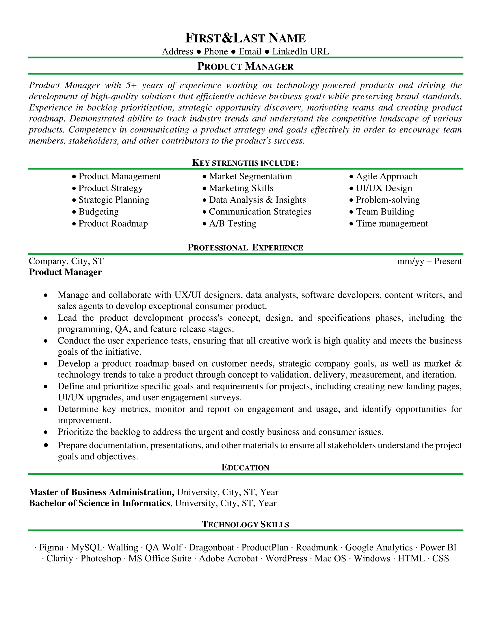 Product Manager Resume Sample