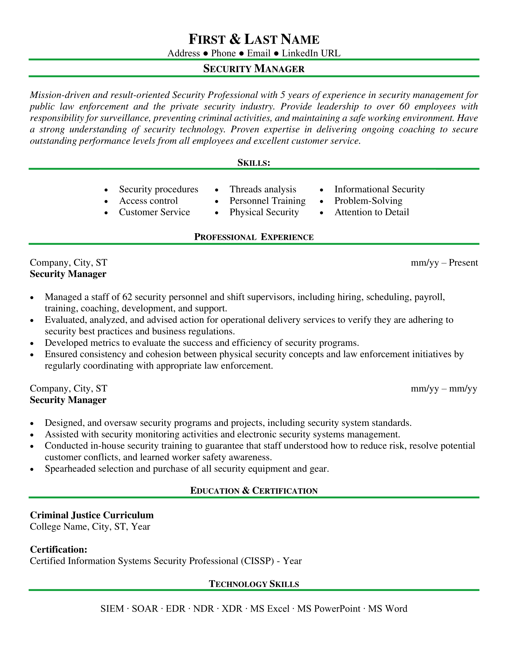 Security Manager Resume Sample